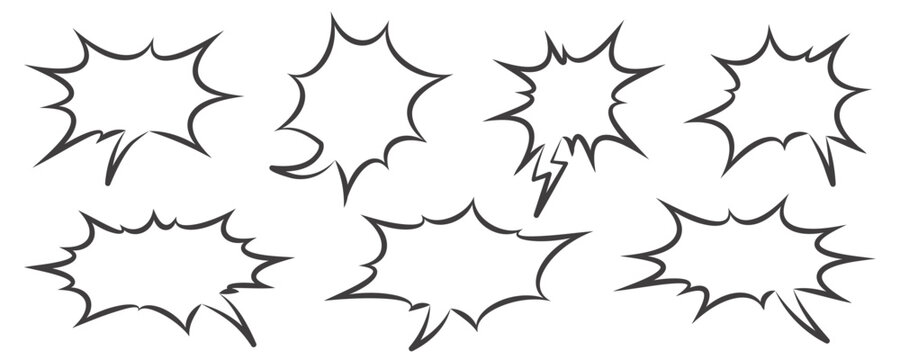Comic and manga speech bubbles. Pop art outline frame for text. Vector box for dialog and messages. Chat shapes set of shock shout and scream actions.