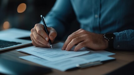 A close-up of a professional writing on documents at a desk, with a laptop and ambient light in the background.