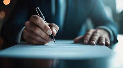 A close-up of a professional hand writing with a pen on a sheet of paper, showcasing focus and attention to detail.