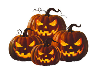 Spooky Halloween Jack-O'-Lanterns, Sinister Glowing Pumpkin Carvings with Creepy Faces, Isolated on Transparent Background
