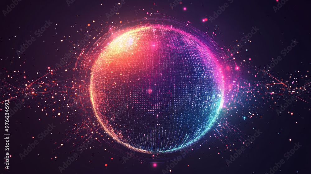Poster abstract vibrant particle sphere. bright dot background. futuristic hud design. array of points. sph