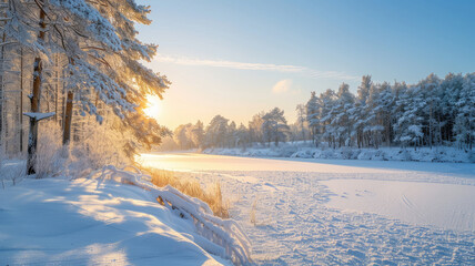 Obraz premium Snow-covered landscape with frosted pine trees and a frozen river at sunrise