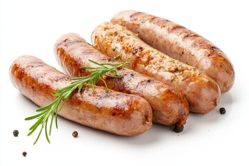 Four juicy grilled bratwurst sausages with rosemary and peppercorns, ready to be enjoyed.  German food, sausage, grilling, barbeque, summer.