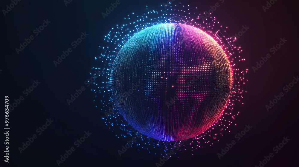 Poster abstract vibrant particle sphere. bright dot background. futuristic hud design. array of points. sph