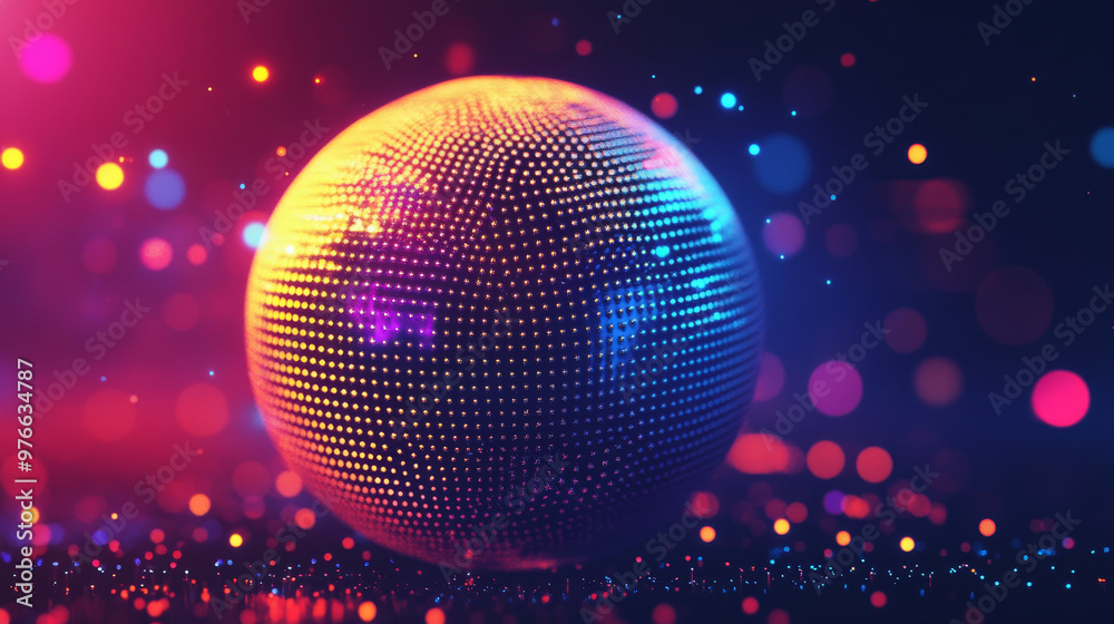 Poster abstract vibrant particle sphere. bright dot background. futuristic hud design. array of points. sph