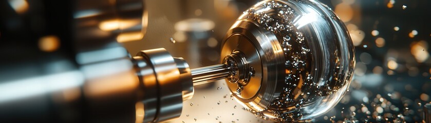 A close-up of a CNC machining setup, featuring a metallic sphere undergoing precise adjustments by a series of high-tech cutting tools. The detailed view emphasizes the accuracy and craftsmanship of