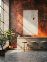 A modern interior featuring blank poster on textured concrete wall, complemented by stylish bar stools and lush greenery. warm lighting creates cozy atmosphere