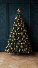 Fototapeta premium Gold Christmas Tree Decorated with Ornaments and Lights on Herringbone Wood Floor