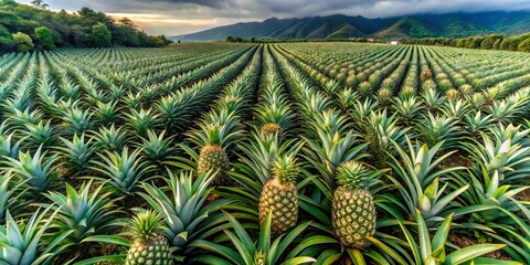 Pineapple plants sprout from the earth, their fronds reaching for the sun as rows of identical, vibrant green