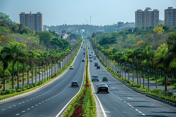 Fototapeta premium A busy highway with cars and palm trees lining the sides