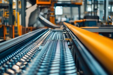 Industrial Conveyor Belt System Closeup, showcasing the intricate design and functionality of a modern manufacturing process, highlighting the importance of automation, efficiency, and precision in in