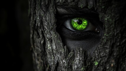 Mysterious Green Eye Peeking Through Tree Bark