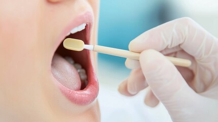 Naklejka premium Detailed shot of a tongue depressor being used to examine a patient's open mouth