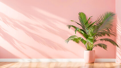 Obraz premium Minimalist and modern interior designof living room featuring a color-themed layout, wall with soft shadows of palm leaves cast across it, 