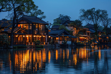 Fototapeta premium Old style buildings and rivers in ancient Chinese towns