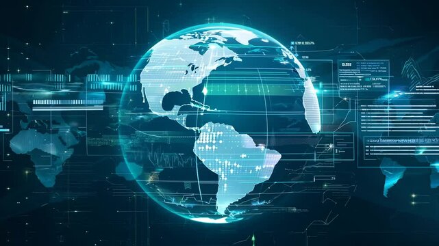 A futuristic digital rendering of Earth, featuring data overlays and holographic elements, representing global technology and connectivity.

