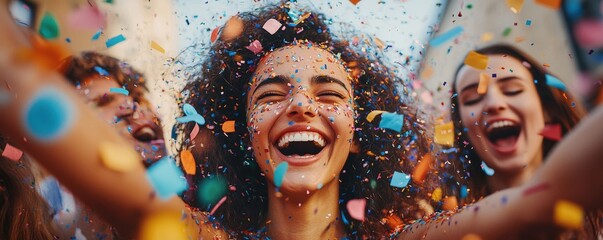 A lively group of friends gathered together, bursting into laughter and surrounded by a shower of colorful confetti. The vibrant scene captures the joy and excitement of their celebration. realistic