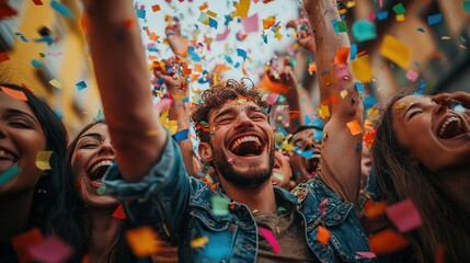 Obraz premium A group of friends in mid-laughter, celebrating with a flurry of multicolored confetti. Their cheerful expressions and the vibrant backdrop reflect the exuberance of their joyful gathering. realistic