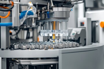 Injection Blow Molding Machine in Industrial Setting, showing the process of manufacturing plastic bottles,  a complex machinery system, industrial production, high-tech manufacturing, automated syste