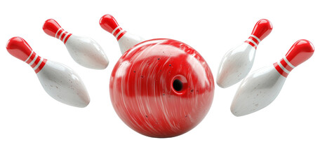 Striking Red Bowling Ball Surrounded by Pins in Mid-Air on Transparent Background