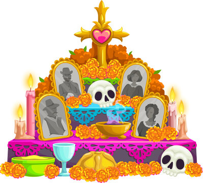Mexican cartoon day of the dead dia de los muertos ofrenda altar adorned with traditional offerings, like marigold flowers, candles, skulls, food, golden cross and framed photos of deceased ancestors