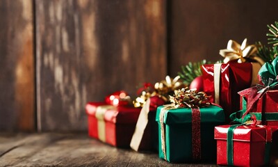 Obraz premium Christmas frame with gift boxes, holaday decorations and confetti with copy space