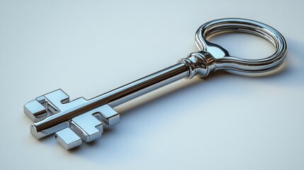 A shiny metallic key resting on a flat surface.