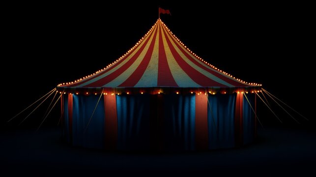A spooky carnival tent with ominous lights and eerie music isolated on black color background
