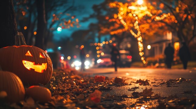 A spooky but fun costume contest happening on a neighborhood street during trick-or-treating