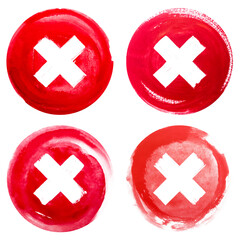 Obraz premium set collection of red caution warning, stop, danger, prohibition symbol, diagonal cross mark inside a circle, brush strokes watercolor ink, transparent background.