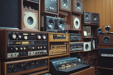 Obraz premium A collection of vintage audio gear, including tape recorders and floor standing floor models