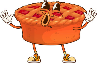 Cartoon groovy pumpkin pie thanksgiving character with cheerful smile celebrating autumn holiday. Isolated vector traditional festive pastry treat, quirky baked pie personage ready for seasonal feast