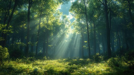 Obraz premium A Beautiful Forest Scene with Light Shining Through Trees, Perfect for Nature and Relaxation Themes