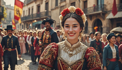 Fototapeta premium Portrait of woman wearing gorgeous european costume at street festival parade