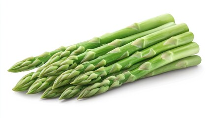 Fresh green asparagus arranged neatly on a white background.