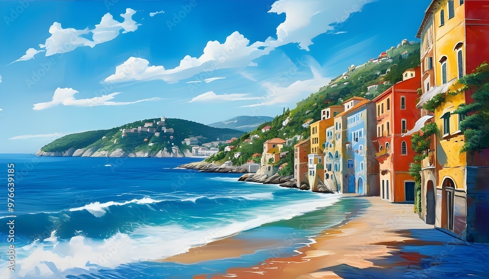 Wall mural vibrant european coastal towns with colorful buildings, stunning beaches, blue seas, and picturesque