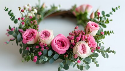 Elegant display of pink roses and decorative floral garland on a pristine white backdrop