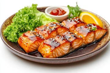 Teriyaki Salmon with Sesame Seeds, a flavorful and healthy dish, featuring grilled salmon glazed with teriyaki sauce and sprinkled with sesame seeds, served with lettuce, orange, and dipping sauce.