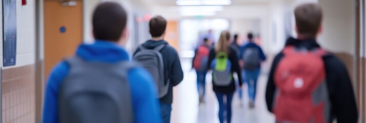 Fototapeta premium A line of students walks through a brightly lit school hallway, each carrying backpacks, reflecting the daily routine and vibrant atmosphere of educational life.