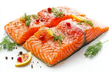 Two succulent pieces of poached salmon, artfully arranged on a white background, adorned with fresh lemon slices, delicate dill sprigs, and vibrant red cranberries.  A symphony of flavors and textures