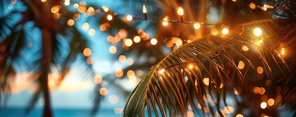 Palm leaves and fairy lights against sunset, holiday mood