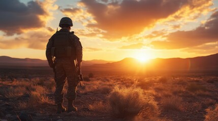 Silhouette of a Soldier Watching the Sunset, Military Service, Duty, and Patriotism Concept