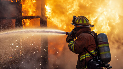 Obraz premium Firefighters battling a raging fire with high flames and smoke