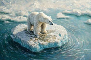 A solitary polar bear standing on a melting ice floe, surrounded by blue arctic waters, highlighting the effects of climate change.
