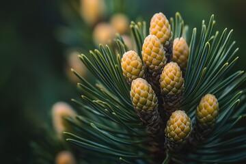 A close up of the young buds on an evergreen pine tree, which is green and yellow in color