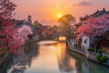 Fototapeta premium Old style buildings and rivers in ancient Chinese towns