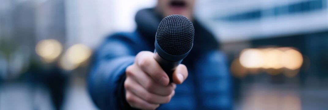 A person wearing a jacket is holding a microphone towards the viewer, suggesting a street interview setting. The background is slightly blurred.