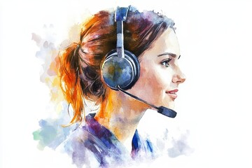 Watercolor illustration of a smiling customer service representative wearing a headset, symbolizing communication, support, service, technology, and professionalism.