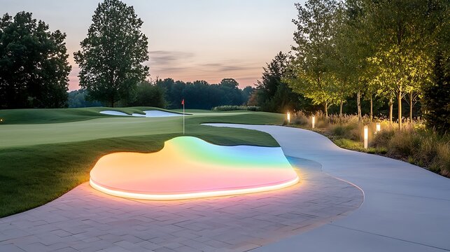 A sleek golf course with interactive digital hole maps and neon-lit fairways promoting precision golfing