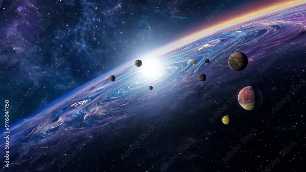 Wall mural a vivid depiction of outer space featuring several planets orbiting in front of a distant star, with